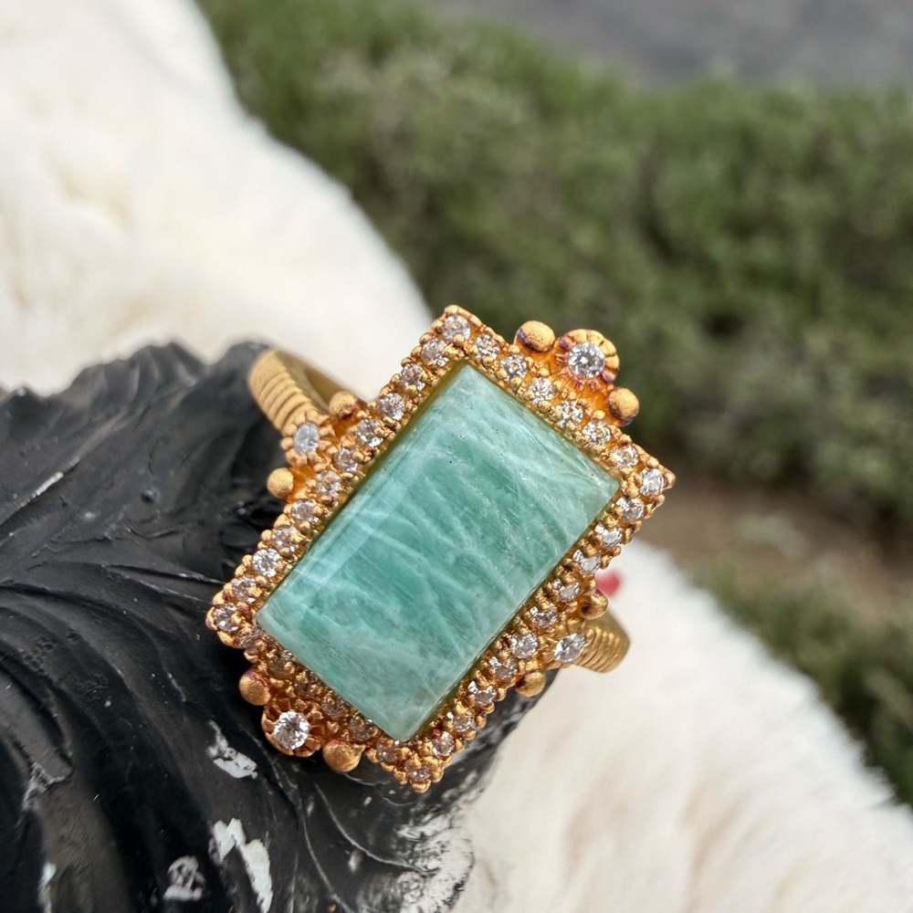Freida Rothman Amzonite Stone CZ Accent Statement Ring Size 7